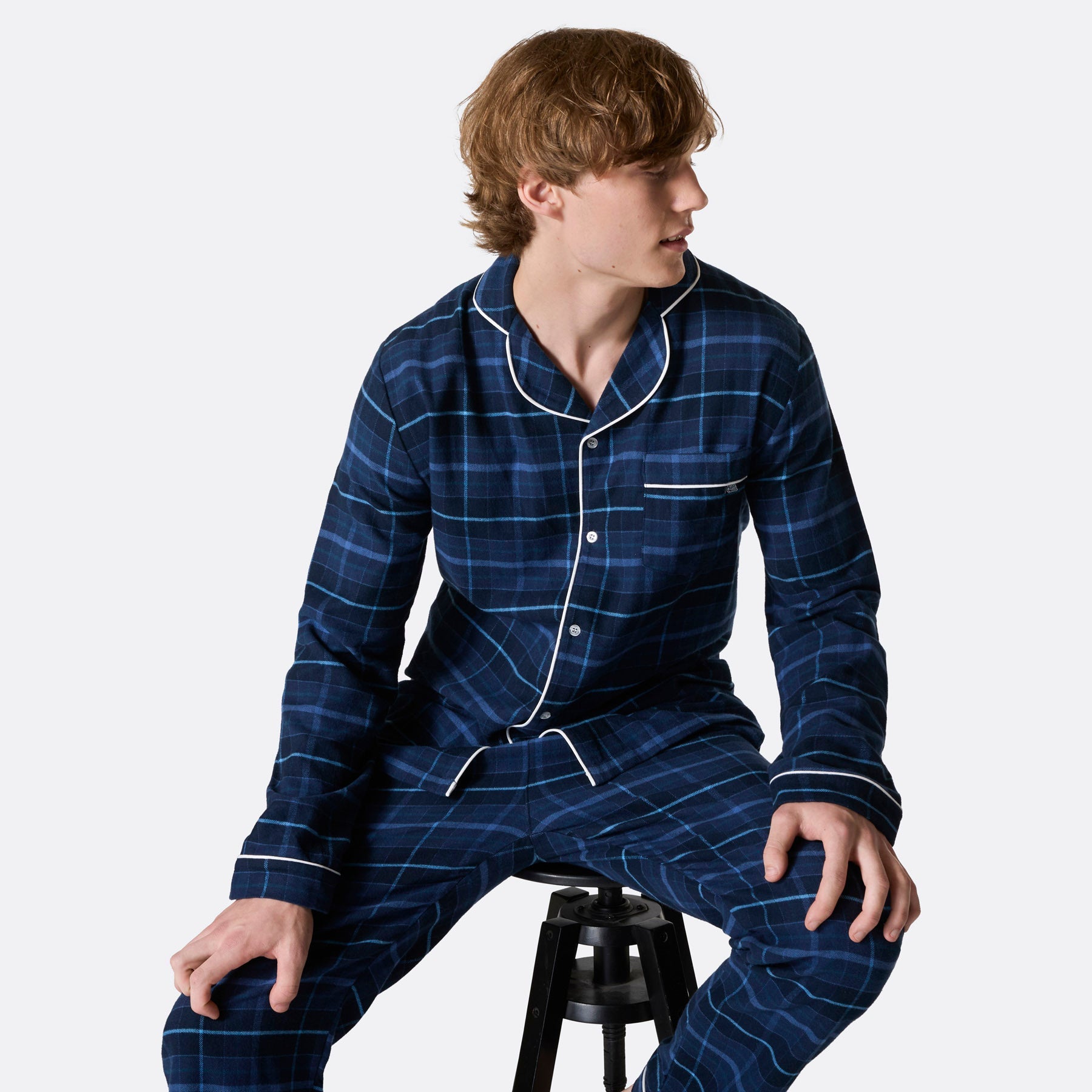 Med eget navn - Flanell Blå Julepysj Herre